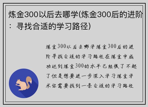 炼金300以后去哪学(炼金300后的进阶：寻找合适的学习路径)